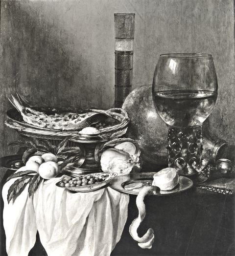 Anonimo — Claesz. Pieter - sec. XVII - Natura morta con cesto di pesci, frutta, pane, brocca e bicchiere römer — insieme